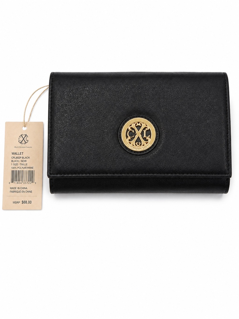 Black Fold-Over Clutch with Gold Medallion and Gold Chain to make a shoulder bag